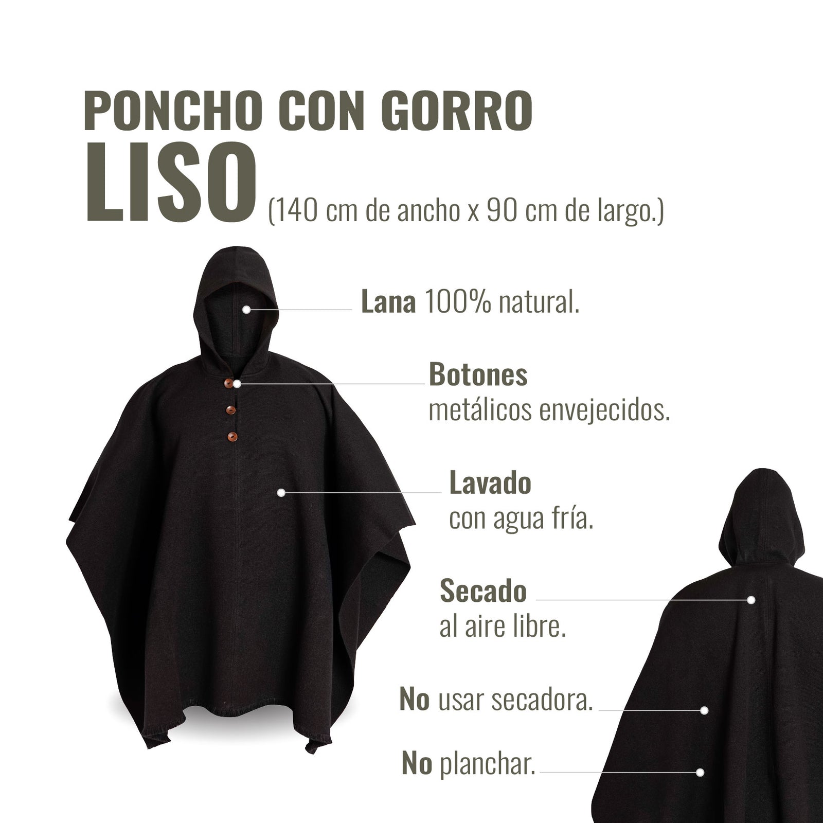 PONCHO DE LANA NEGRO CON GORRO