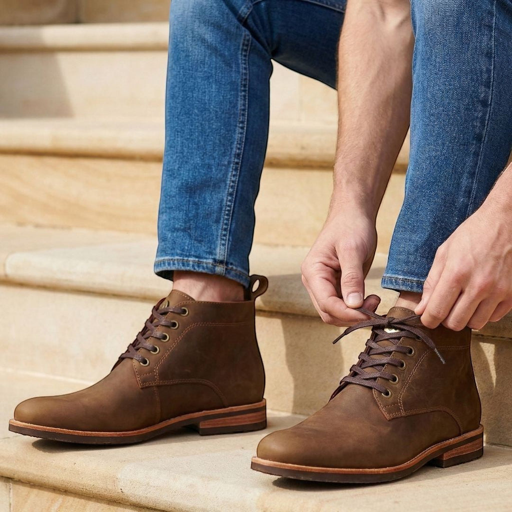 Botín Llaima Camel de cuero marrón de OLKI con cordones y suela de caucho. Ideal para looks casuales y semiformales.