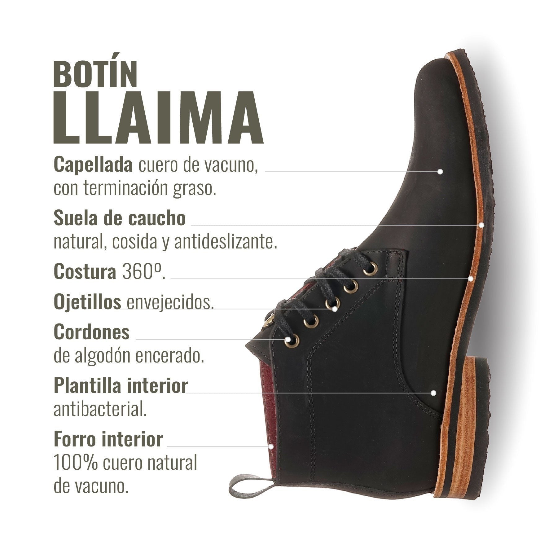 Botín Llaima negro de cuero vacuno con suela de caucho antideslizante y cordones de algodón encerado. OLKI
