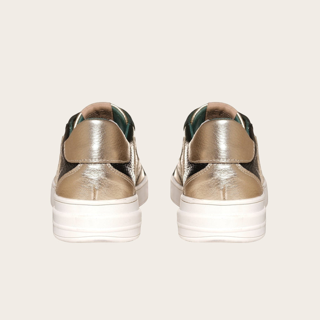 Zapatilla OLKI Loica negra y dorada con detalle de estrella, cordones blancos y planta de caucho.