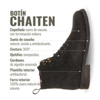 Botín Chaitén Negro Planta Negra de OLKI. Bota de cuero de vacuno con cordones, ojales envejecidos y suela de caucho antideslizante.