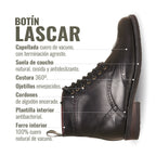 Botín de cuero negro OLKI con cordones, suela negra y detalles brogue. Diseño urbano y elegante.