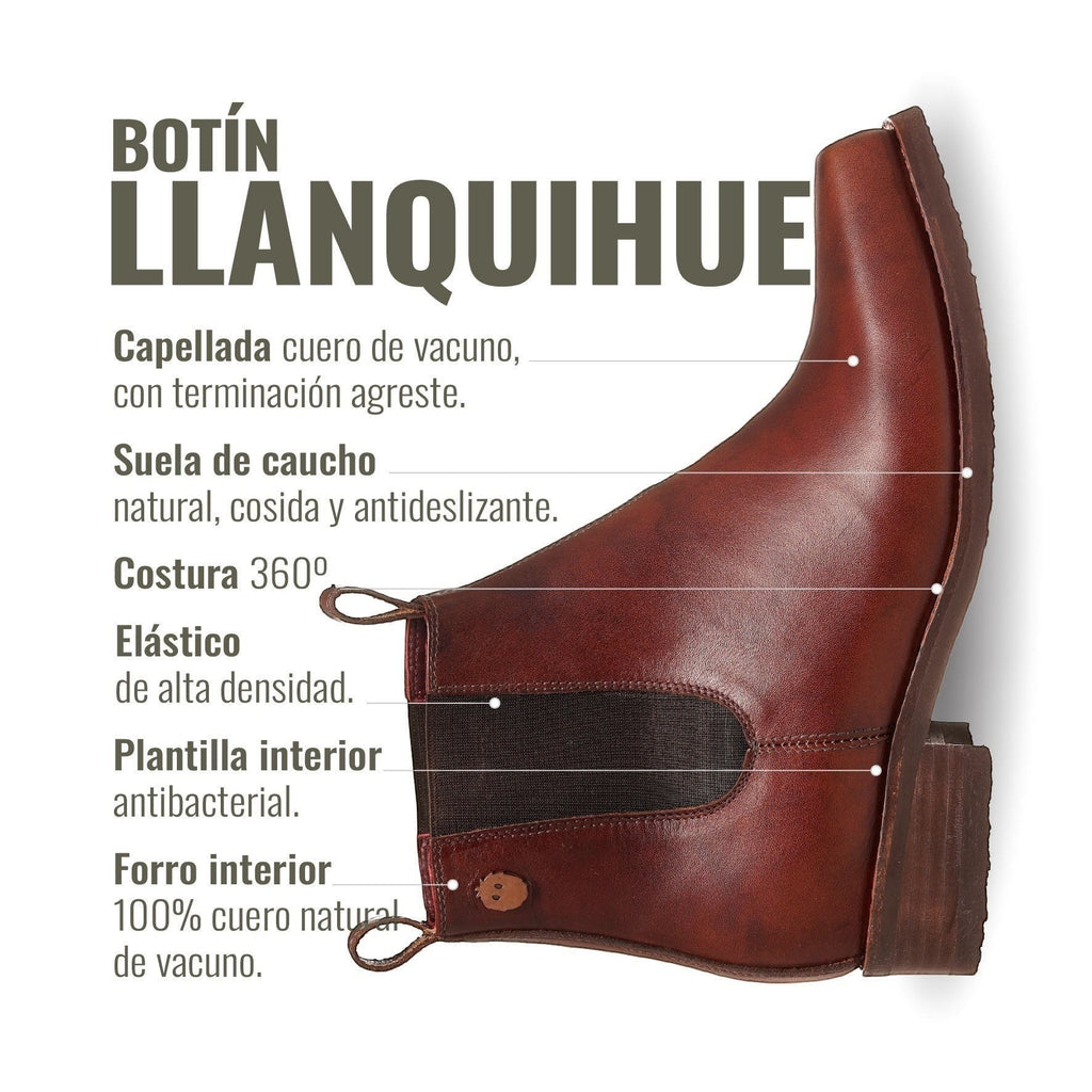 Botín Llanquihue de cuero liso pulido en tono castaño, con caña alta, elásticos laterales. Marca OLKI.
