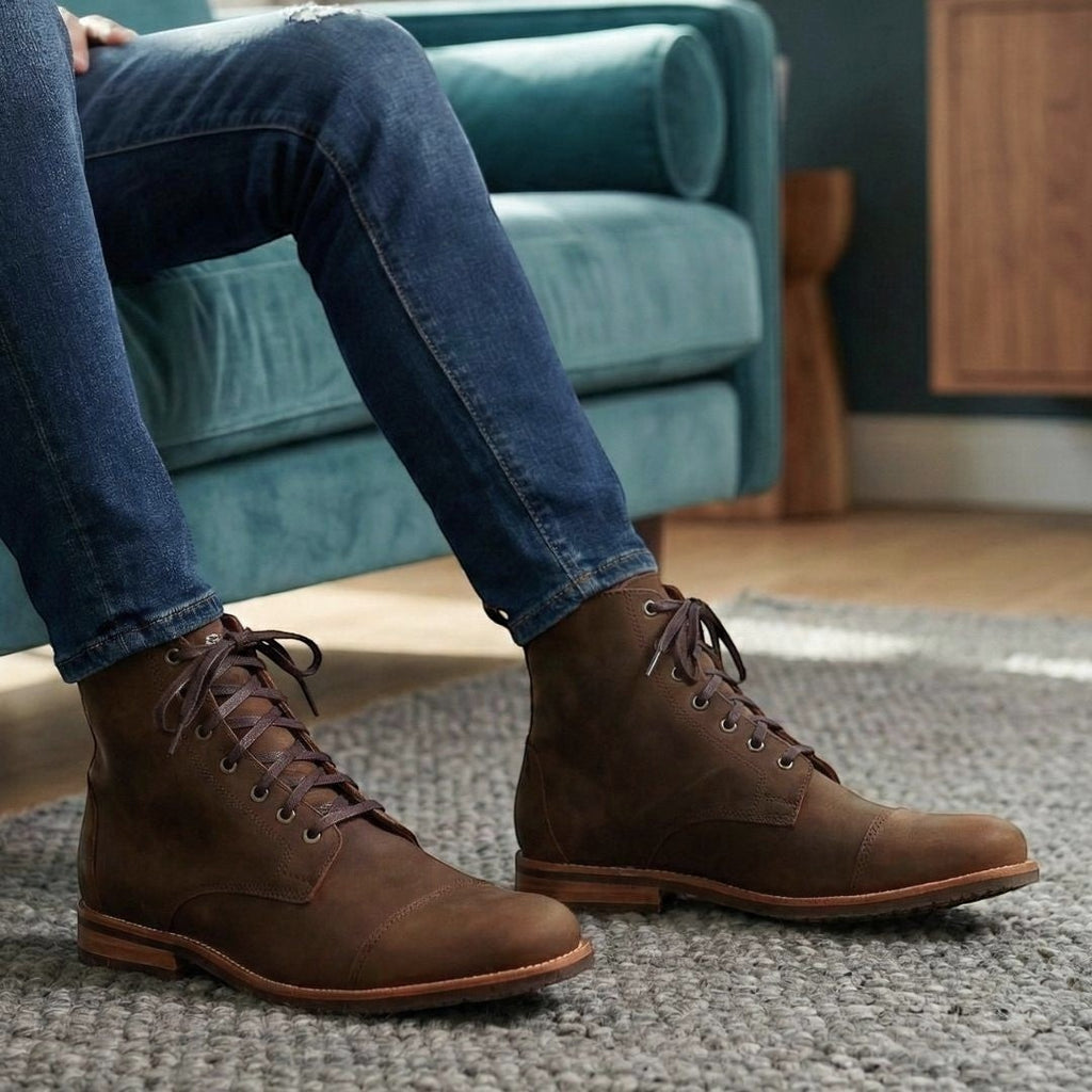 Botín Osorno Camel de cuero para hombre de OLKI con cordones y suela de caucho chocolate.