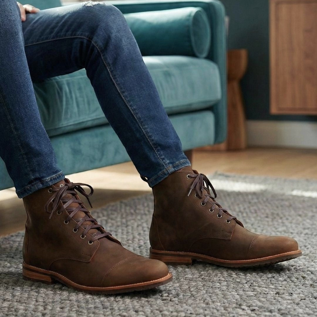 Botín Osorno Camel de cuero para hombre de OLKI con cordones y suela de caucho chocolate.