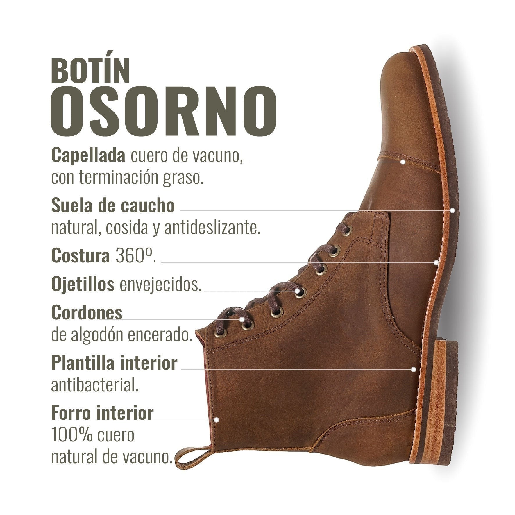 Botín Osorno Camel de cuero de vacuno con cordones encerados y suela de caucho chocolate. OLKI