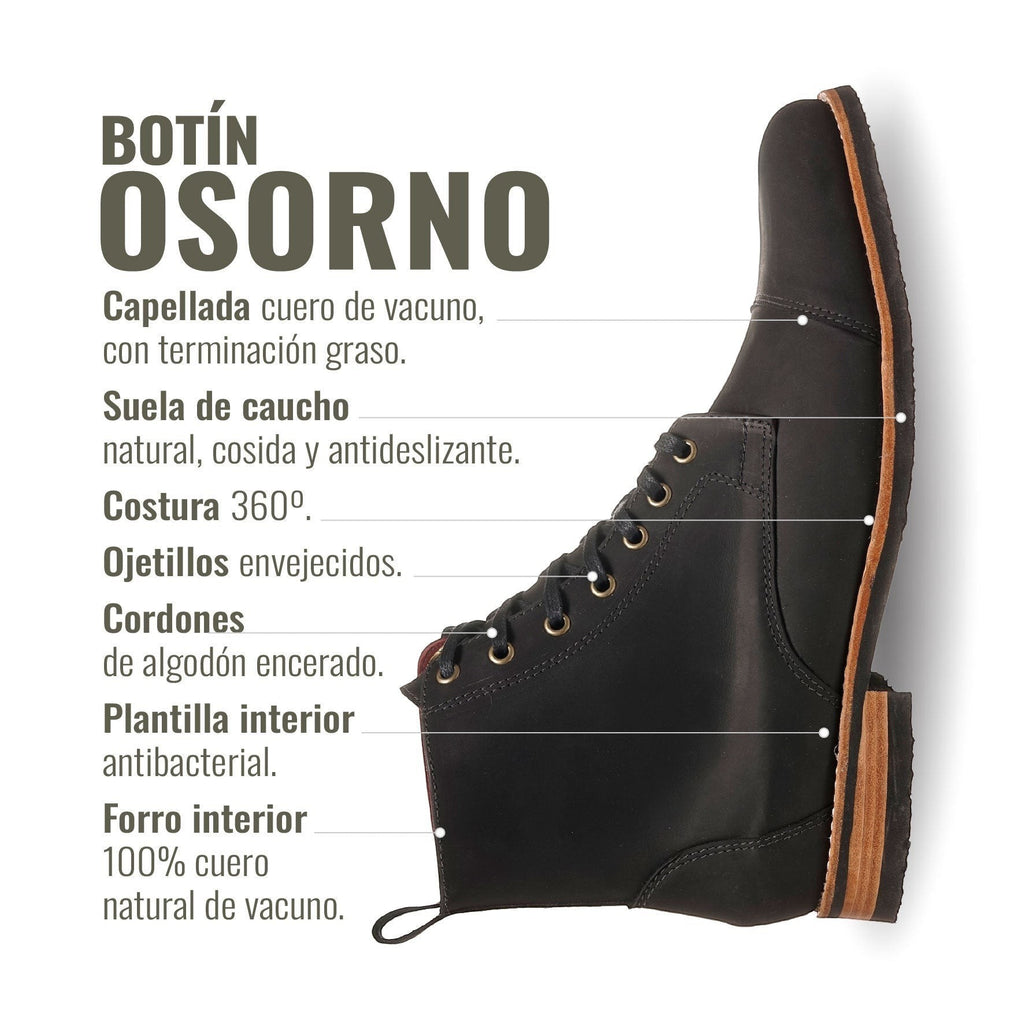 Botín Osorno Negro Planta Negra de cuero para hombre de OLKI, con cordones encerados y ojales envejecidos.