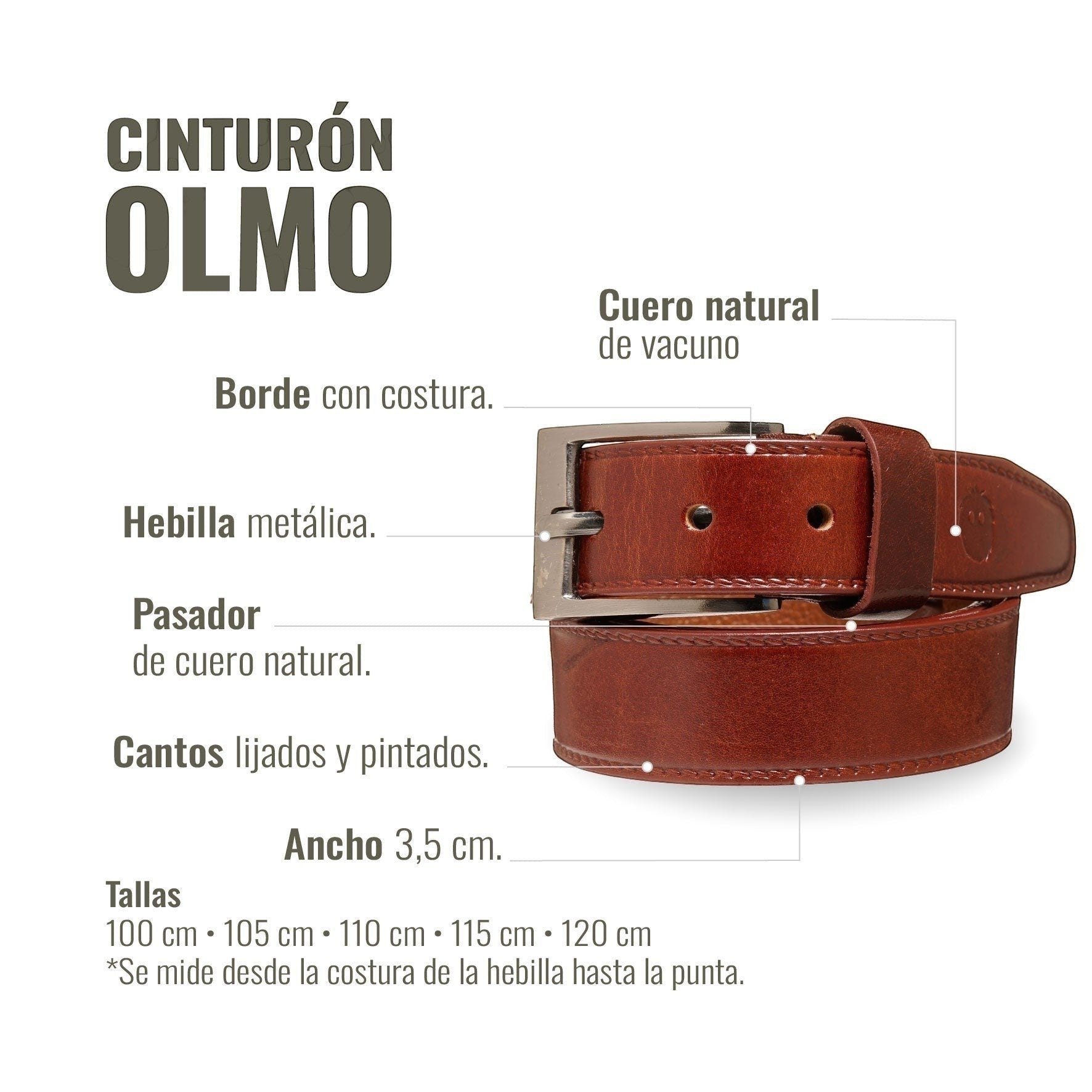Cinturón OLKI Olmo de cuero natural vacuno en color avellana. Hebilla metálica y 3,5 cm de ancho.