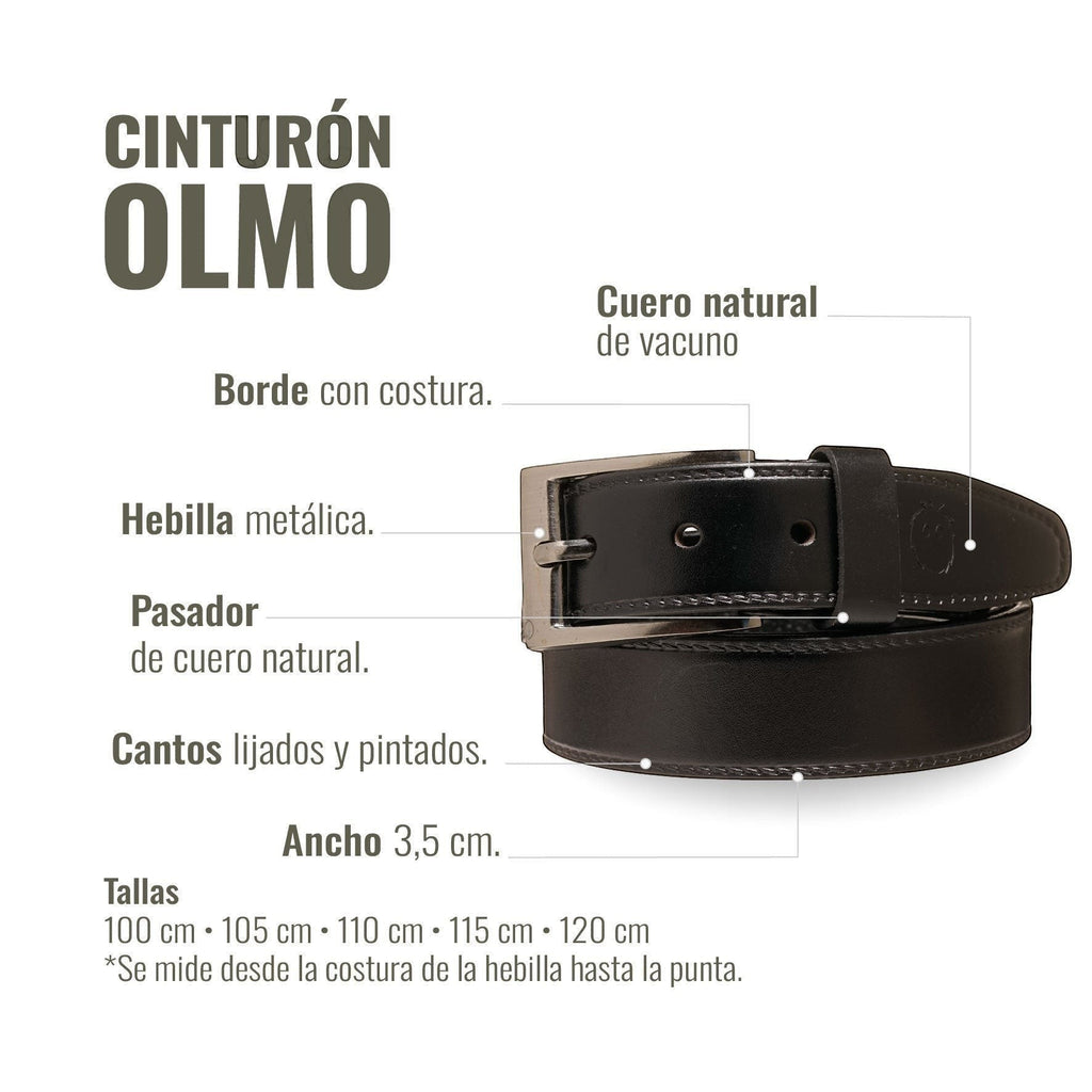Cinturón Olmo Negro de cuero natural de vacuno con hebilla metálica. Ancho 3.5 cm. Marca OLKI.