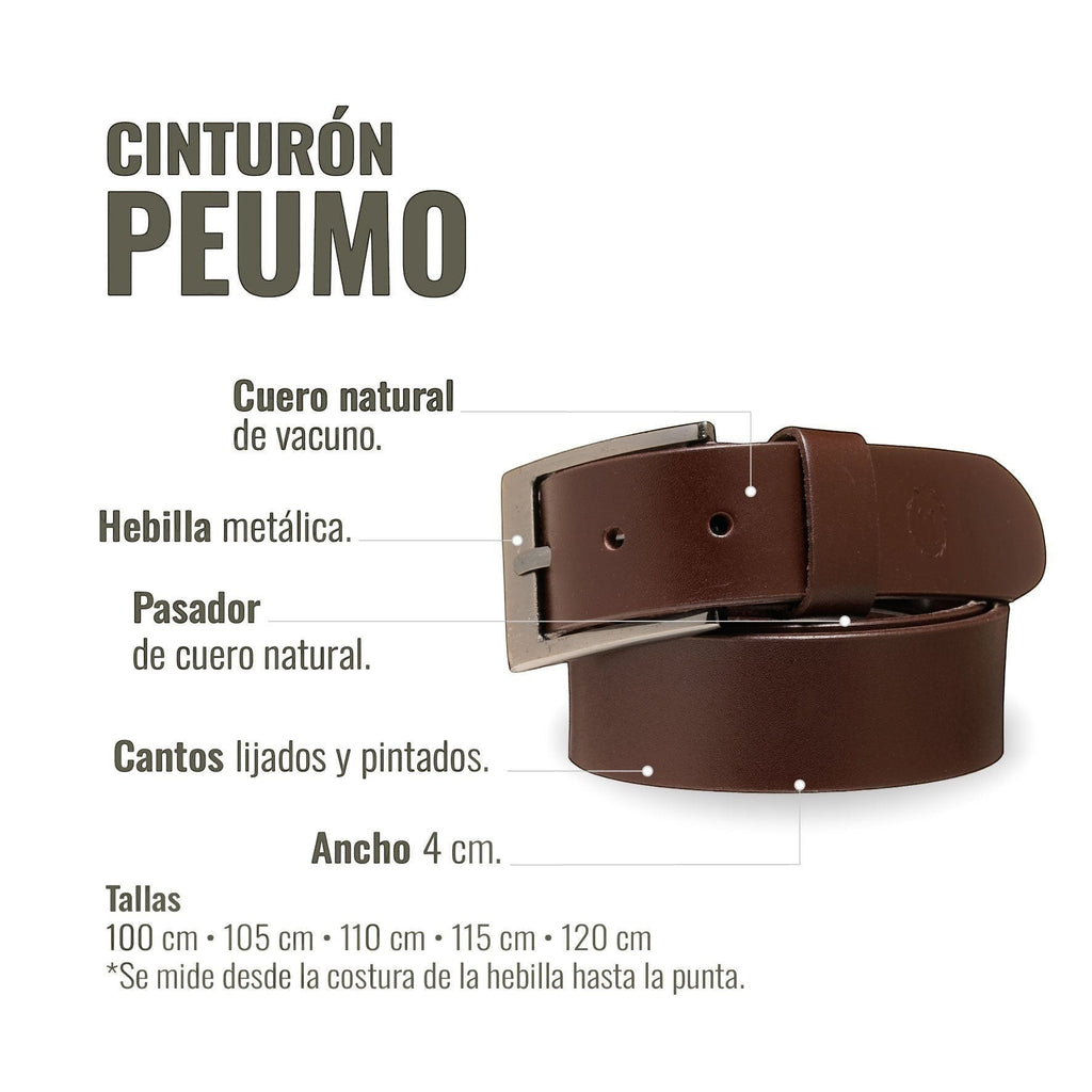Cinturón Peumo Chocolate de cuero natural de vacuno con hebilla metálica pulida. Ancho 4 cm. OLKI.