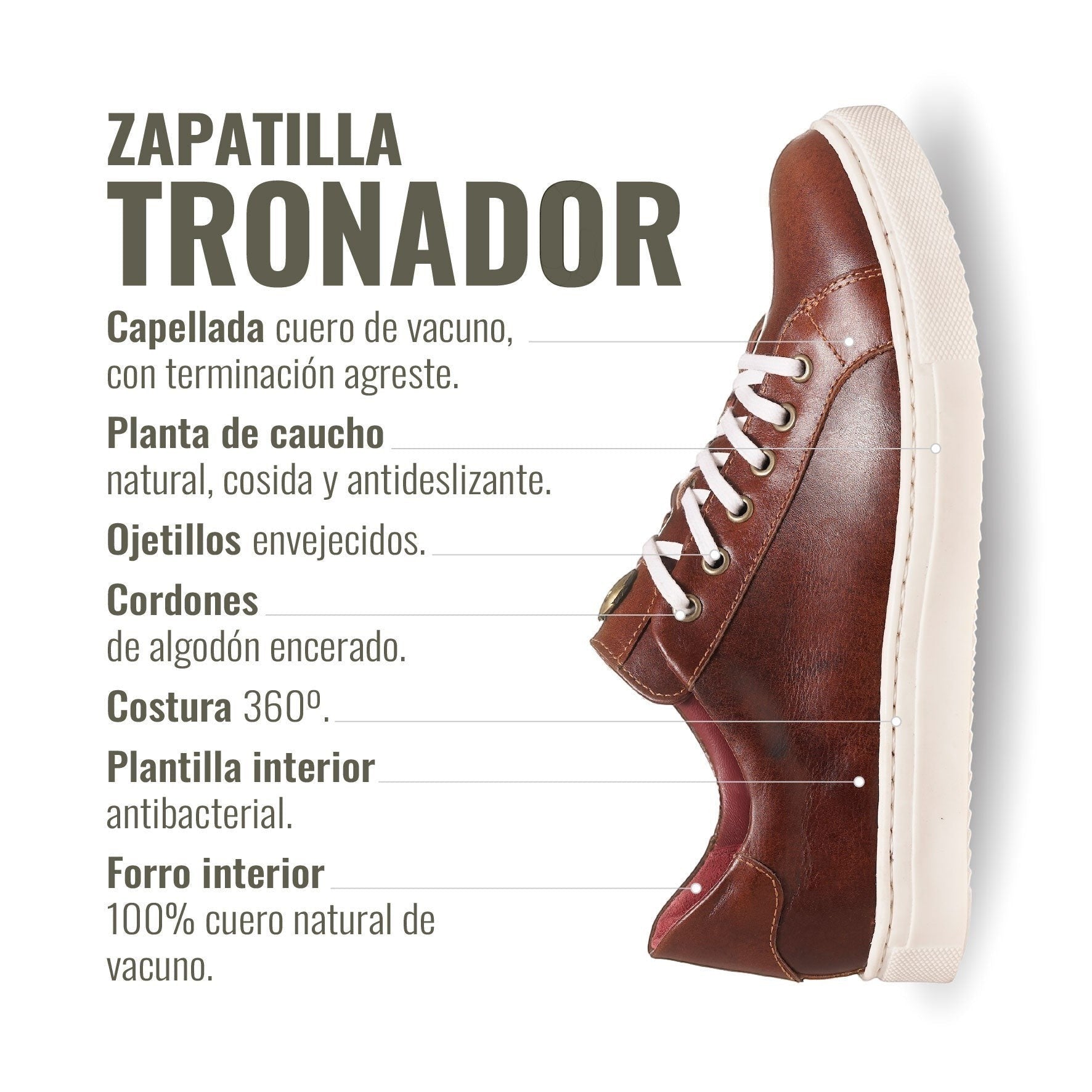 Zapatilla Tronador de cuero vacuno marrón de OLKI con cordones de algodón encerado y suela de caucho blanca.