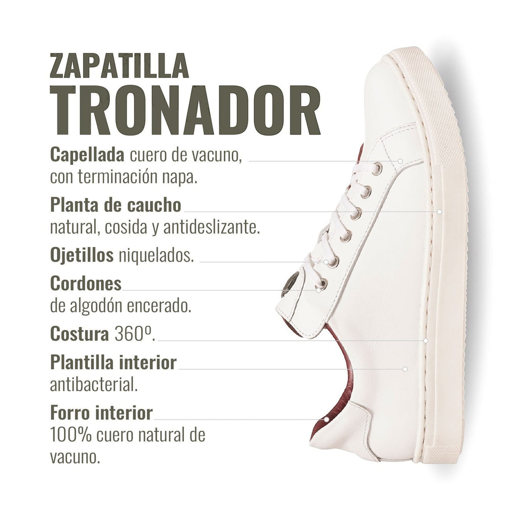 Zapatilla blanca de cuero de vacuno OLKI Tronador con cordones de algodón encerado y planta de caucho antideslizante.