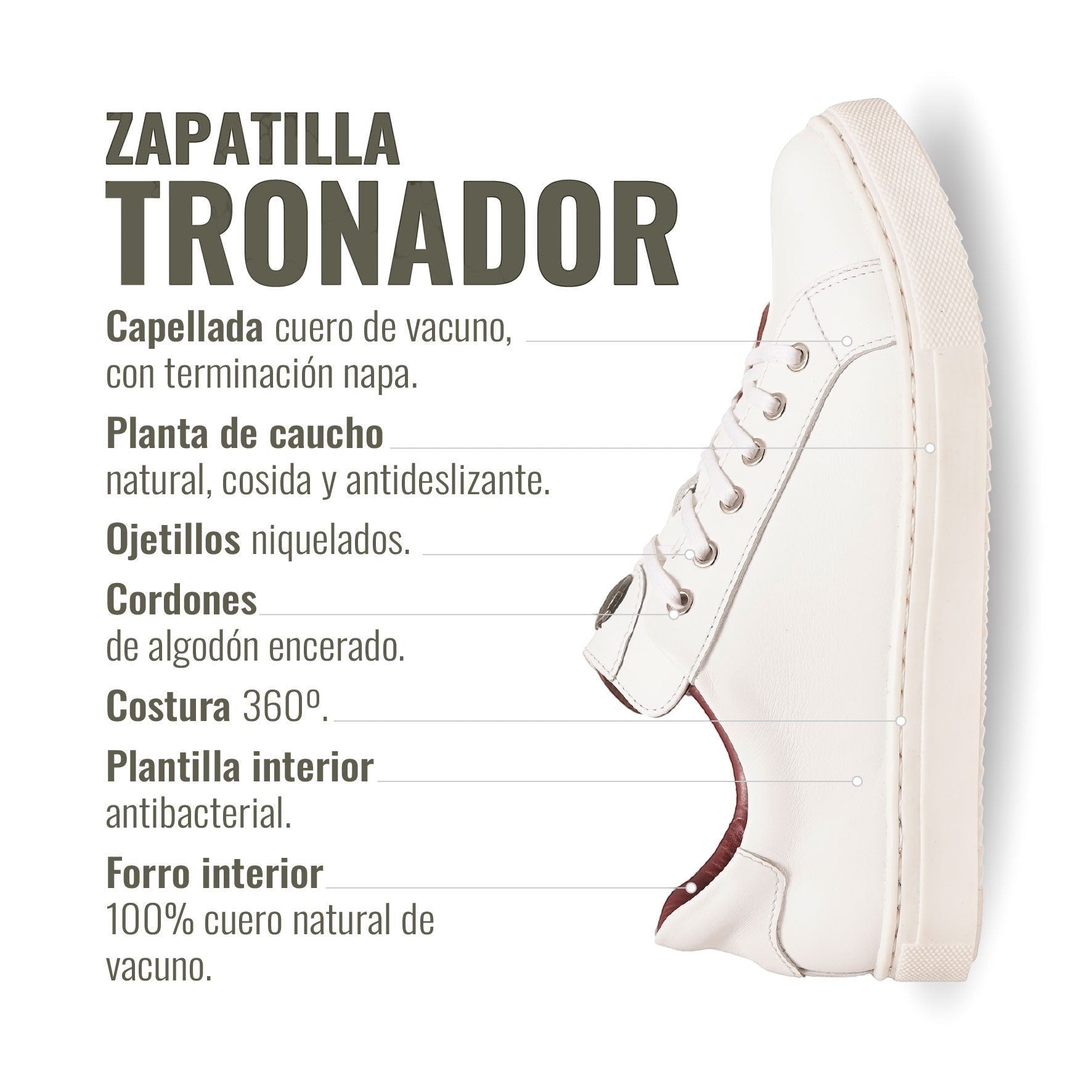 Zapatilla blanca de cuero de vacuno OLKI Tronador con cordones de algodón encerado y planta de caucho antideslizante.