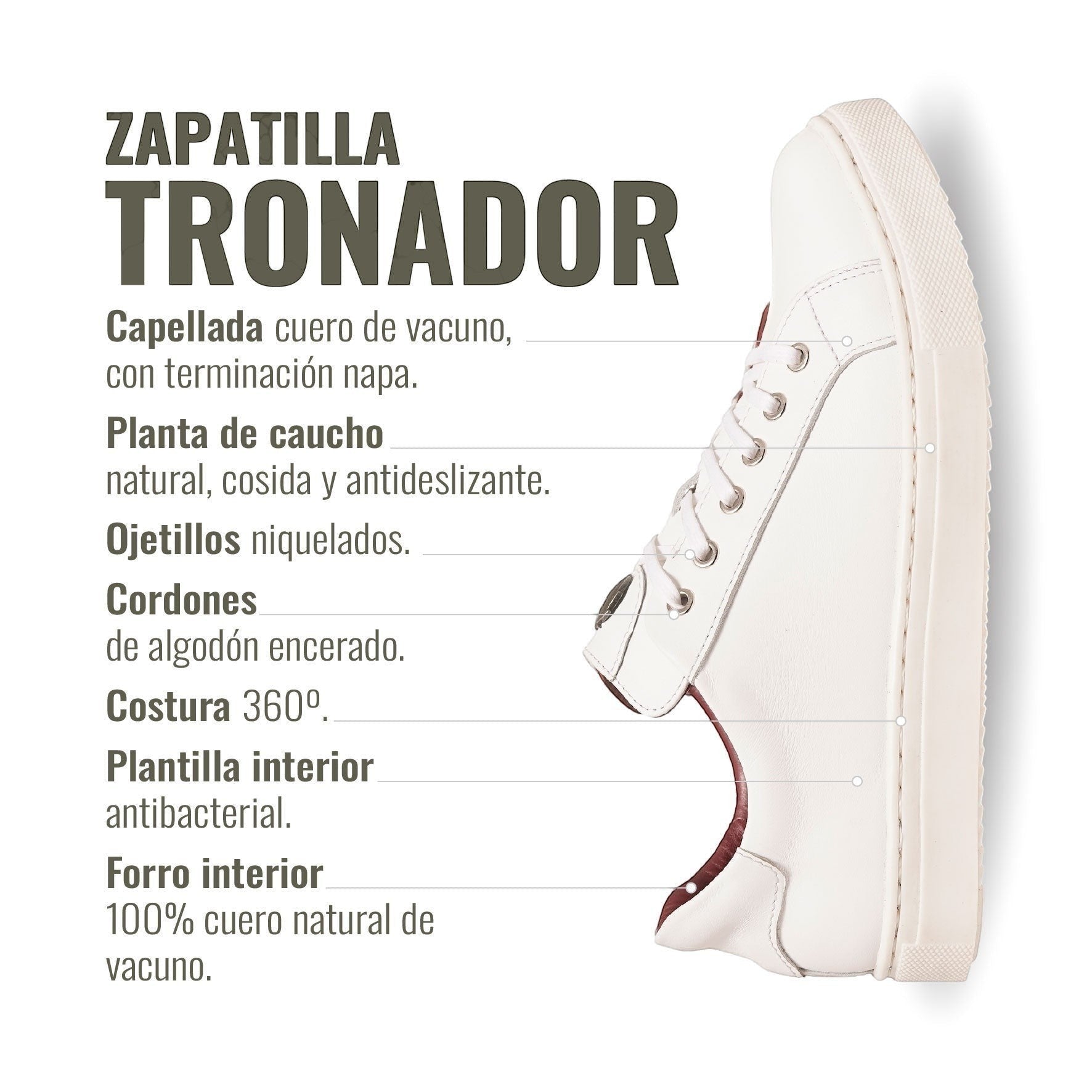 Zapatilla blanca de cuero de vacuno OLKI Tronador con cordones de algodón encerado y planta de caucho antideslizante.