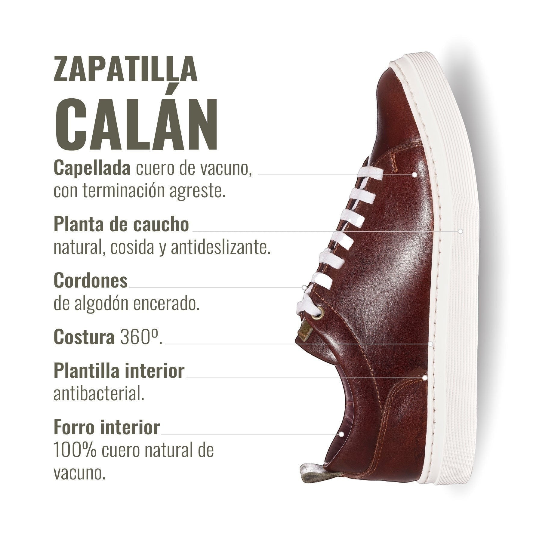 OLKI Zapatilla Calán de cuero castaño con cordones blancos y planta blanca. Diseño artesanal chileno.