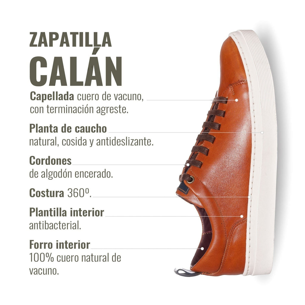 Zapatilla Calán de cuero vacuno en color curry, con cordones de algodón encerado y planta de caucho antideslizante. Marca OLKI.