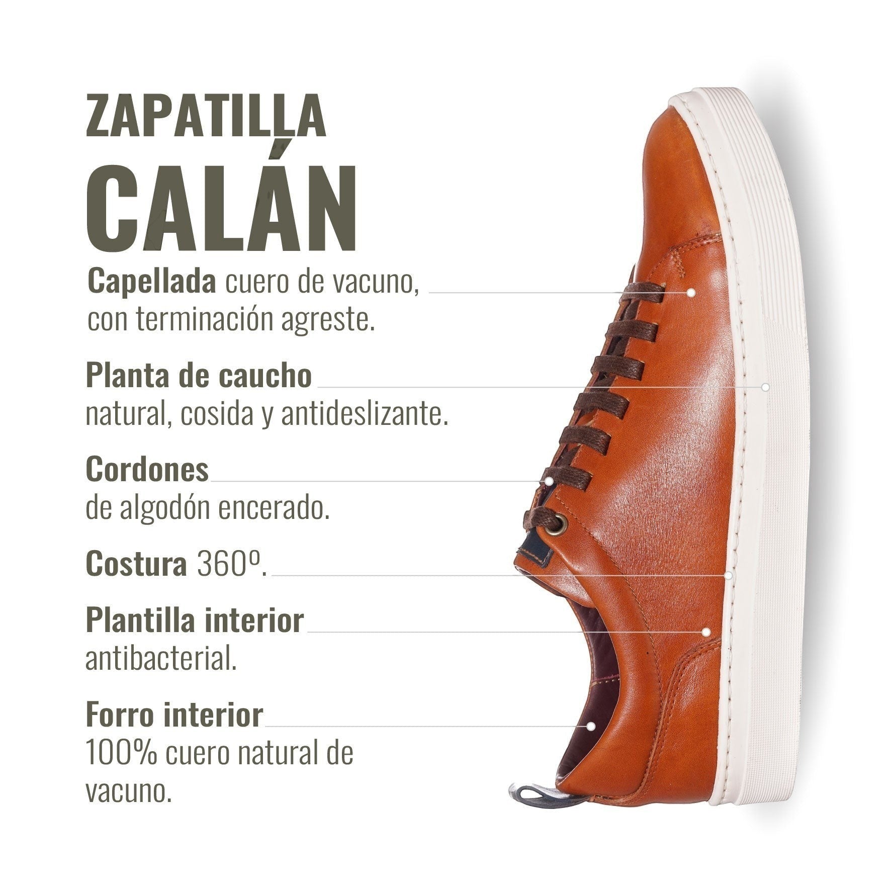 Zapatilla Calán de cuero vacuno en color curry, con cordones de algodón encerado y planta de caucho antideslizante. Marca OLKI.