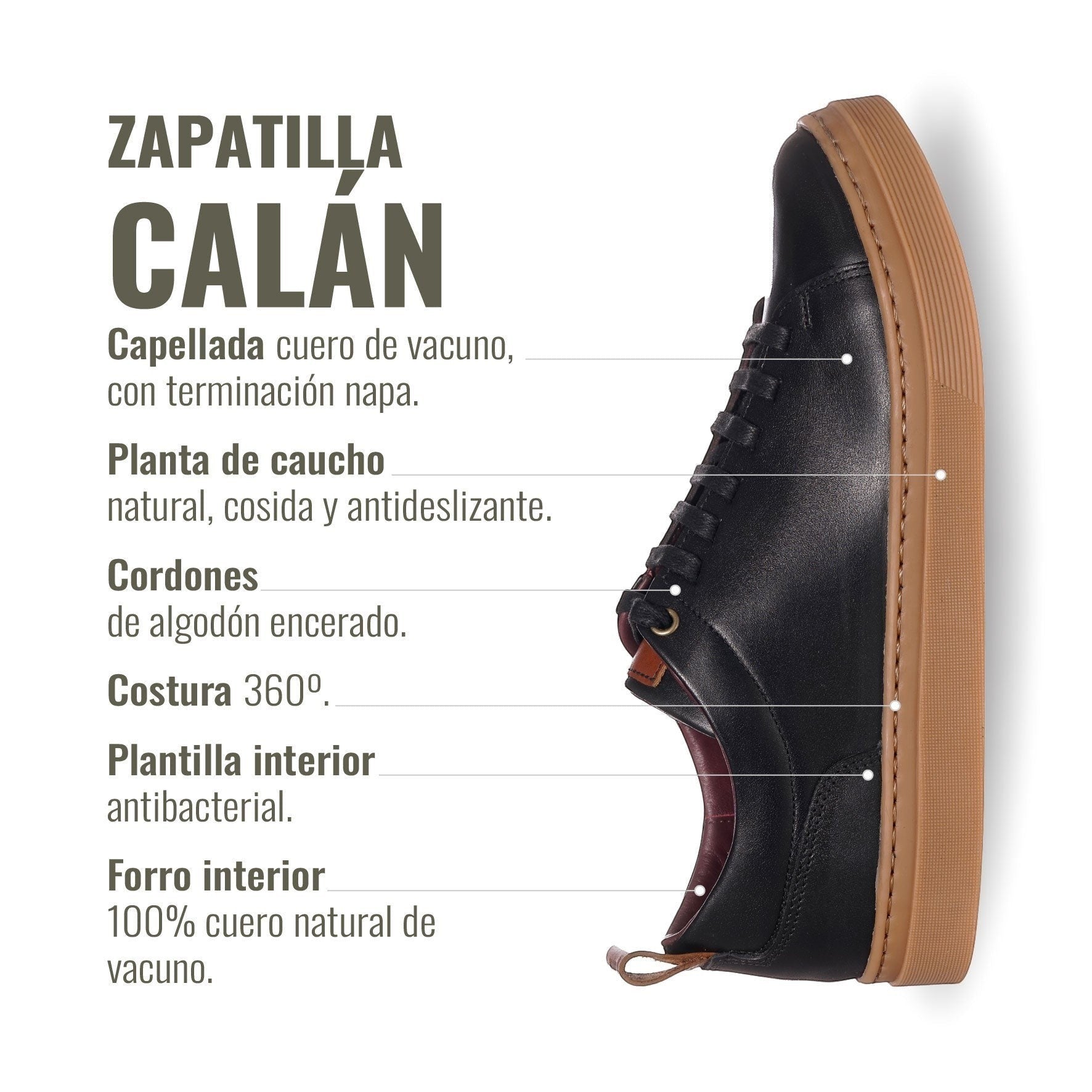 Zapatilla OLKI Calán negra de cuero con cordones de algodón encerado y planta de caucho antideslizante.