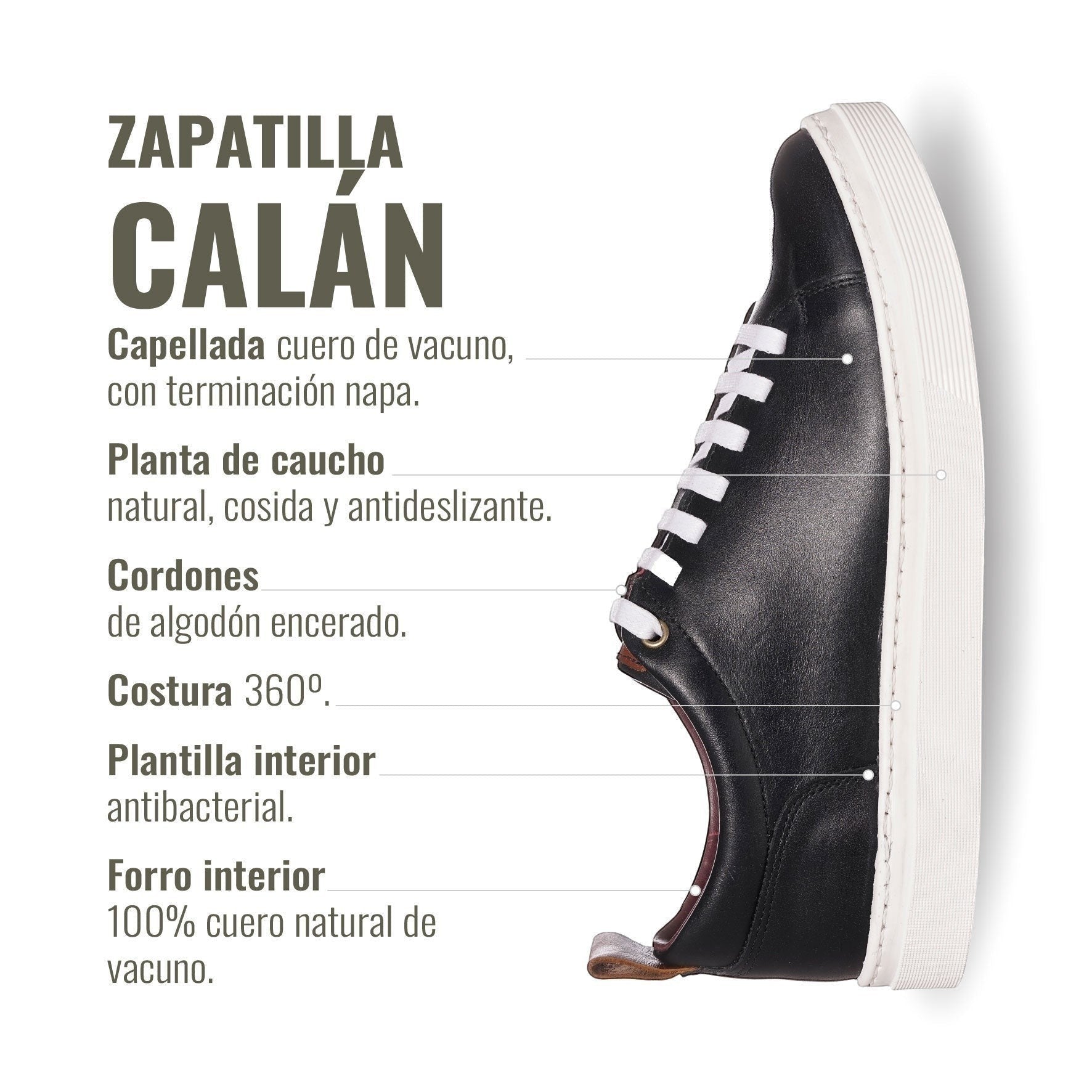 Zapatilla Calán negra de cuero de vacuno con cordones de algodón encerado y planta de caucho antideslizante. OLKI