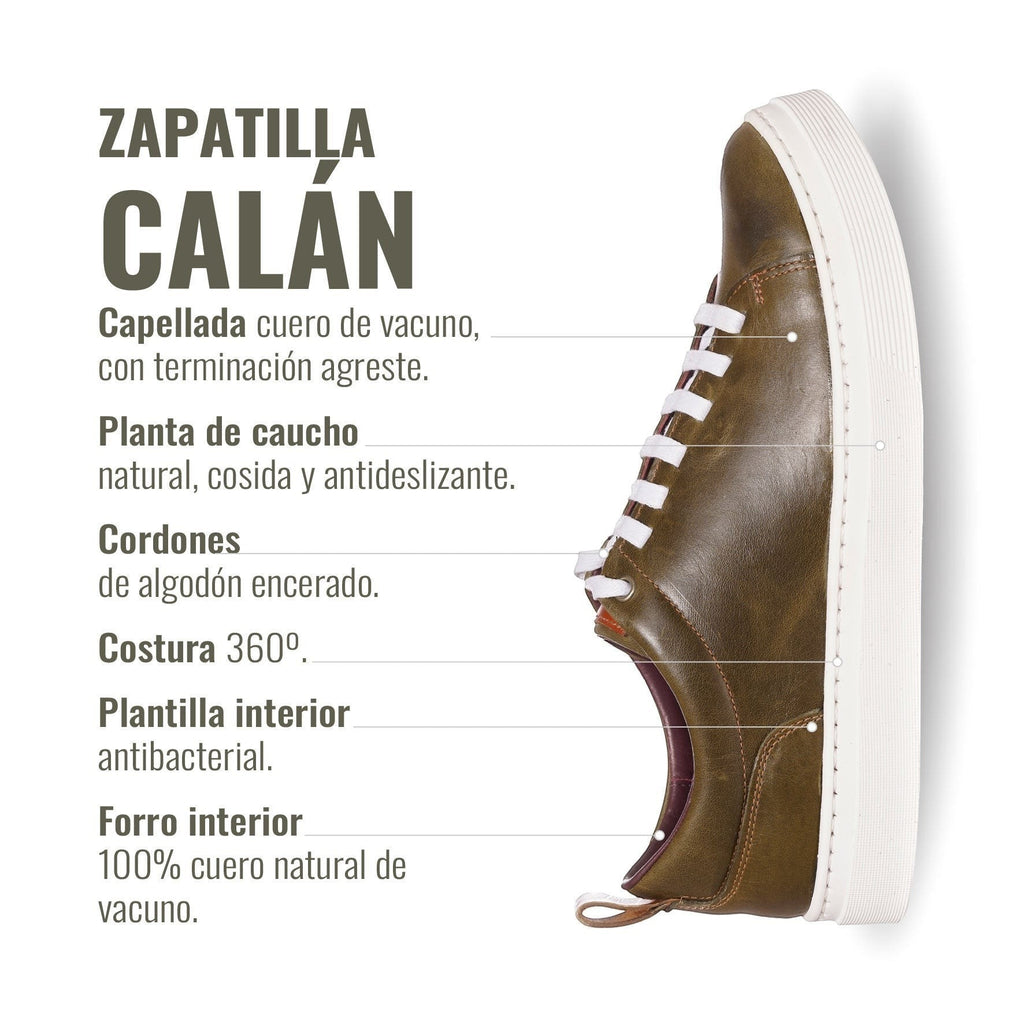 Zapatilla OLKI Calán verde musgo de cuero vacuno con cordones de algodón y planta de caucho antideslizante. Estilo artesanal.