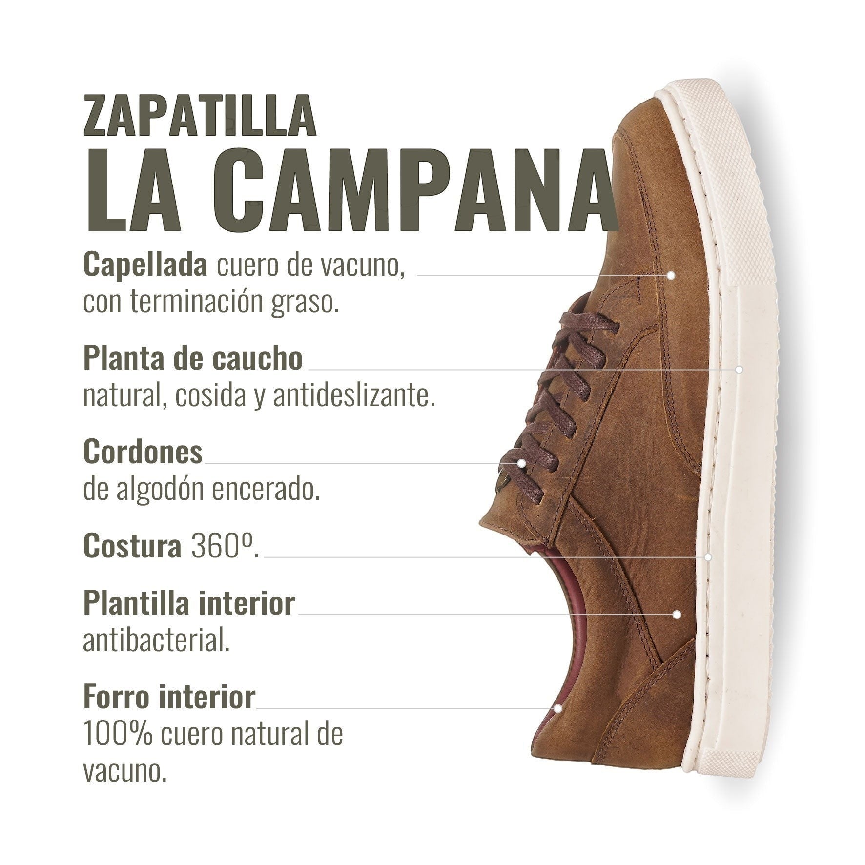Zapatilla OLKI La Campana de cuero camel con cordones de algodón encerado y planta de caucho blanca.