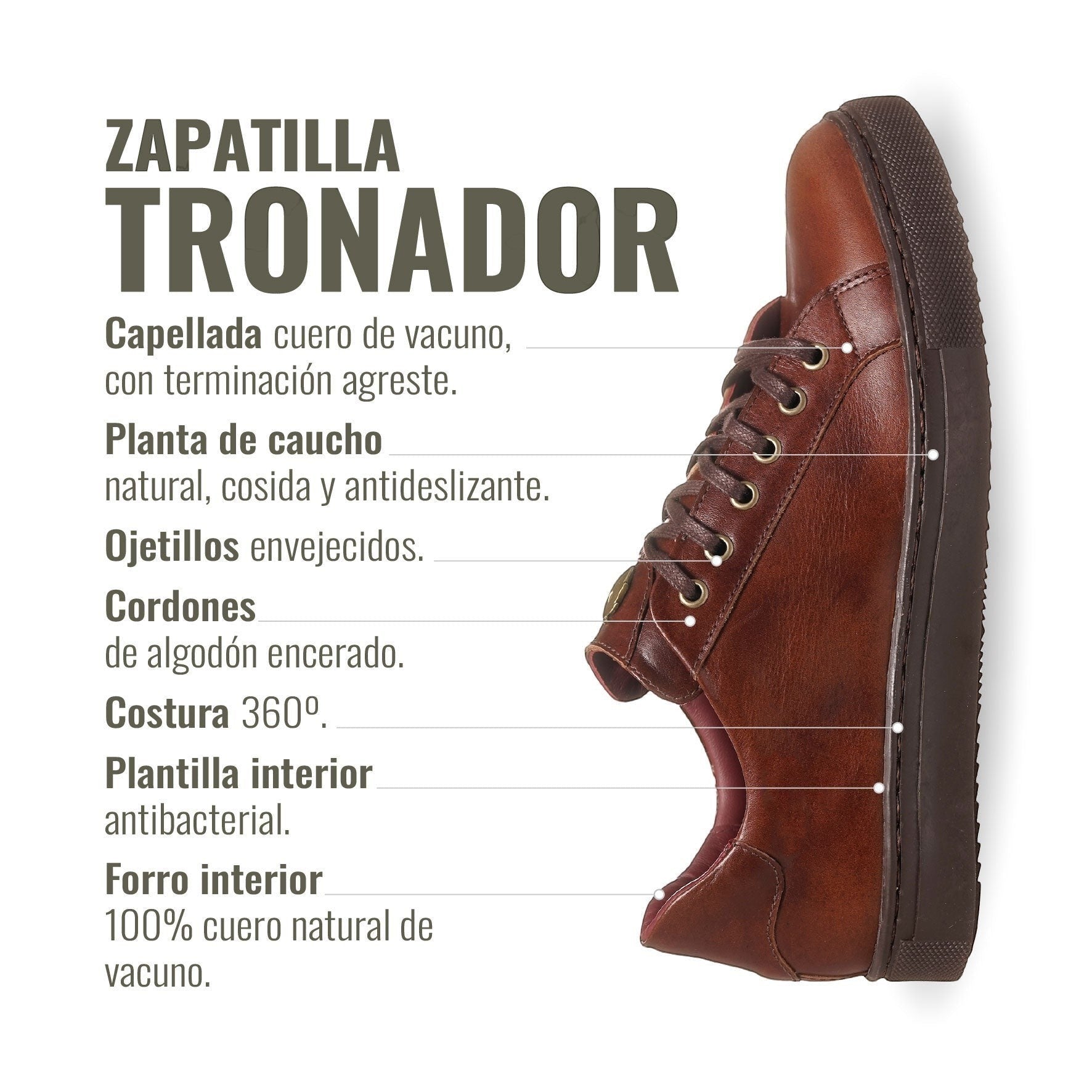 Zapatilla Tronador de cuero vacuno marrón de OLKI con cordones de algodón encerado y planta de caucho antideslizante.