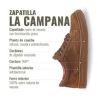 Zapatilla OLKI La Campana de cuero vacuno en color camel con cordones de algodón encerado y planta de caucho antideslizante.