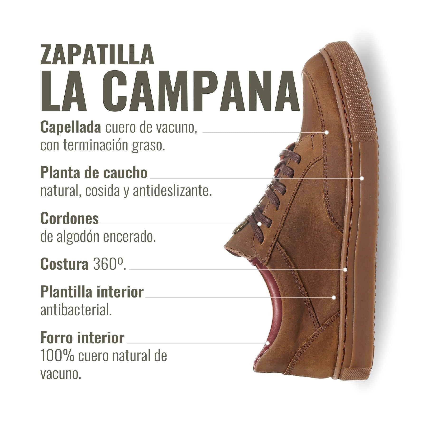 Zapatilla OLKI La Campana de cuero vacuno en color camel con cordones de algodón encerado y planta de caucho antideslizante.
