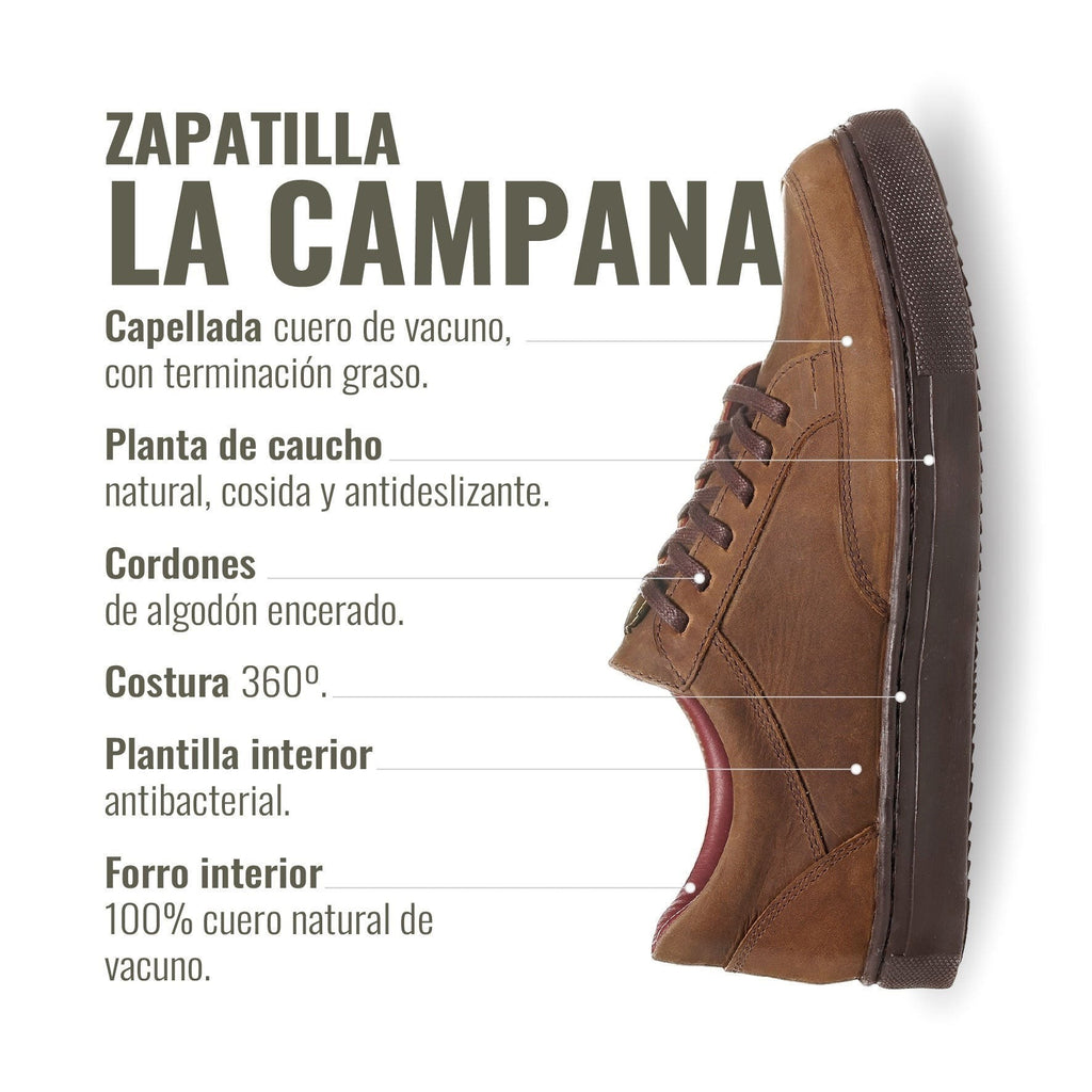 Zapatilla OLKI La Campana de cuero vacuno camel con cordones de algodón encerado y planta de caucho antideslizante.