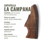 Zapatilla OLKI La Campana de cuero vacuno camel con cordones de algodón encerado y planta de caucho antideslizante.