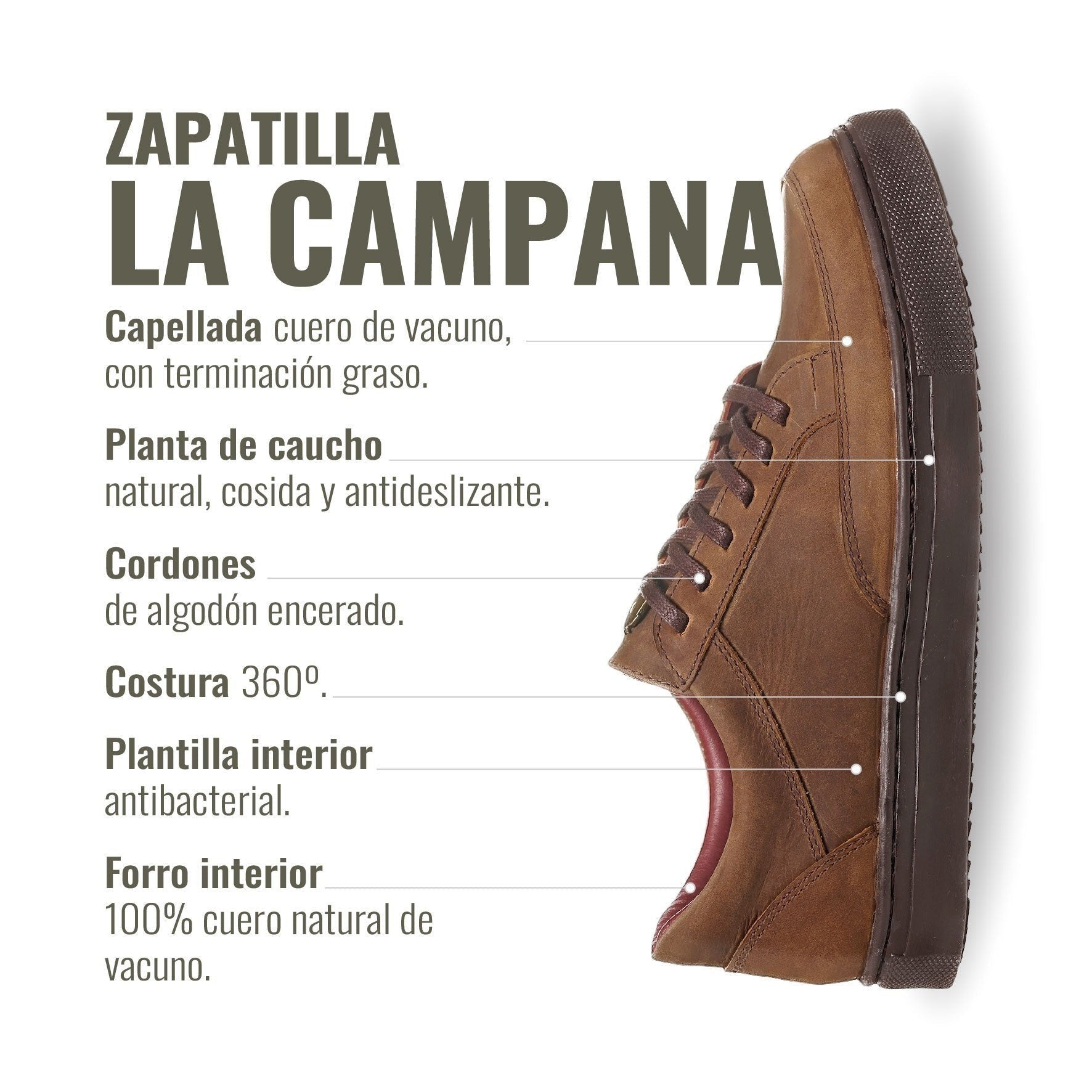 Zapatilla OLKI La Campana de cuero vacuno camel con cordones de algodón encerado y planta de caucho antideslizante.