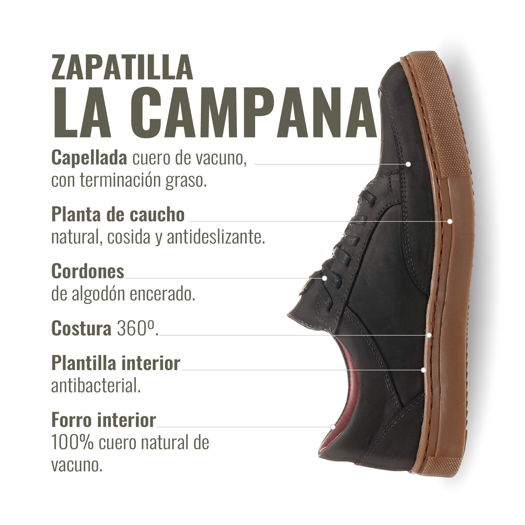 Zapatilla OLKI La Campana negra de cuero vacuno con planta de caucho antideslizante y cordones de algodón encerado.