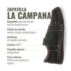 Zapatilla OLKI La Campana negra de cuero vacuno con cordones de algodón encerado y suela de caucho antideslizante.