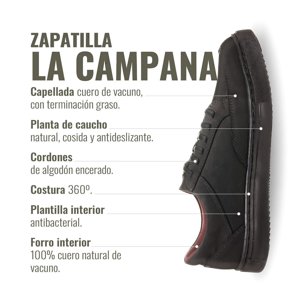 Zapatilla OLKI La Campana negra de cuero vacuno con cordones de algodón encerado y suela de caucho antideslizante.