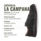 Zapatilla OLKI La Campana negra de cuero vacuno con cordones de algodón encerado y suela de caucho antideslizante.