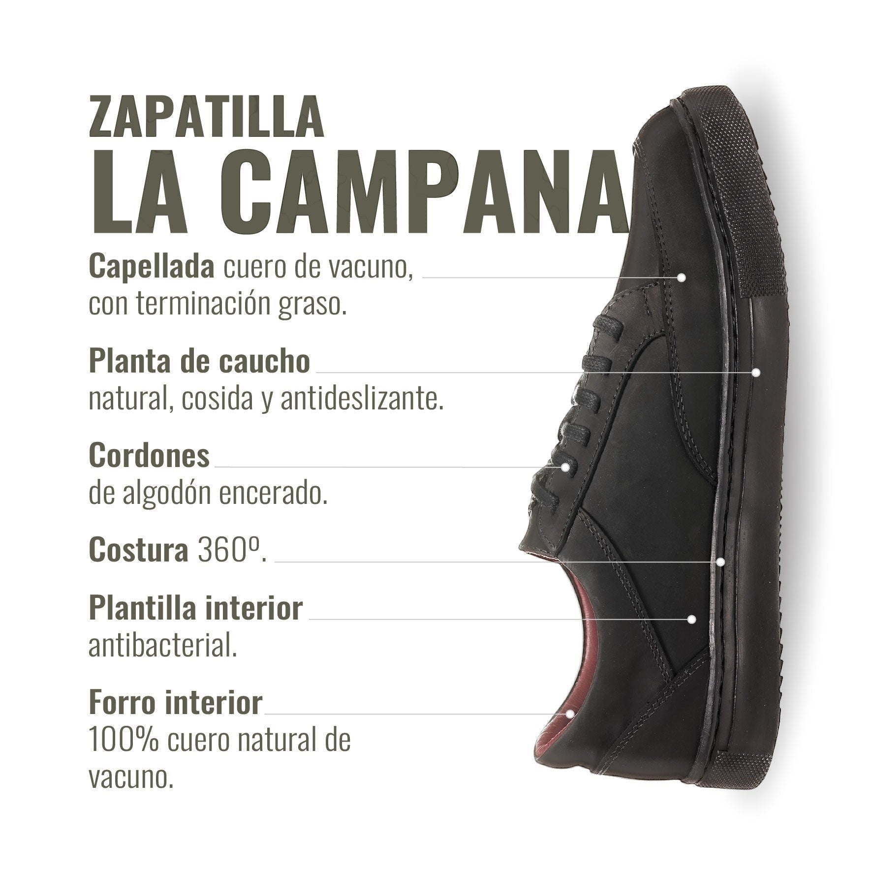 Zapatilla OLKI La Campana negra de cuero vacuno con cordones de algodón encerado y suela de caucho antideslizante.