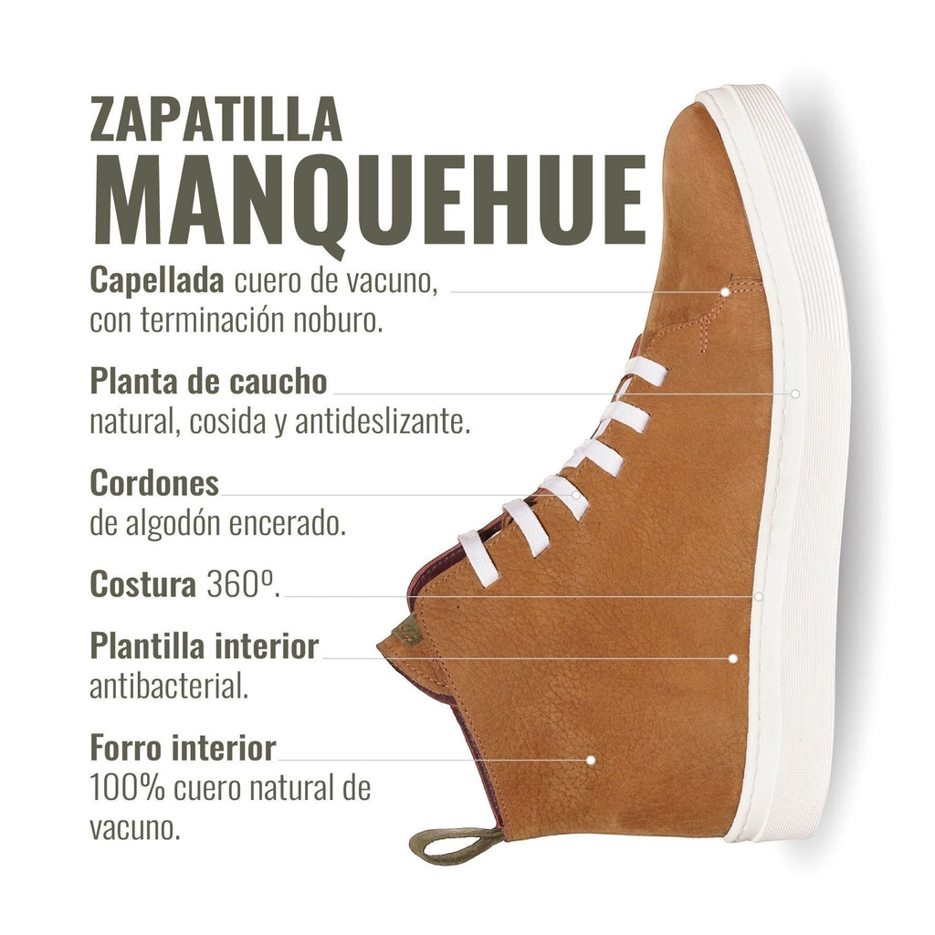 Zapatilla Manquehue de OLKI en cuero nobuk color avellana con cordones blancos y planta blanca de caucho. Diseño urbano.