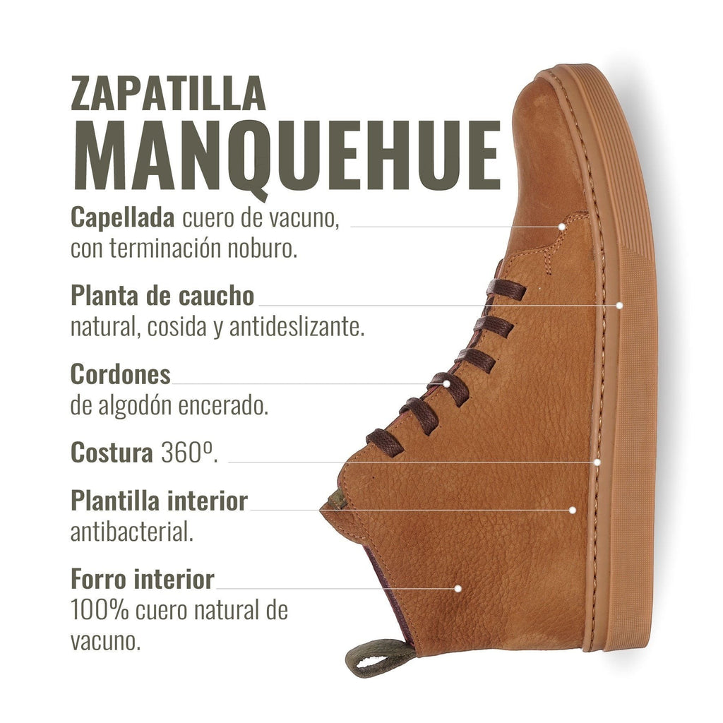Zapatilla Manquehue Avellana de cuero nobuk con cordones de algodón encerado y planta de caucho antideslizante. OLKI