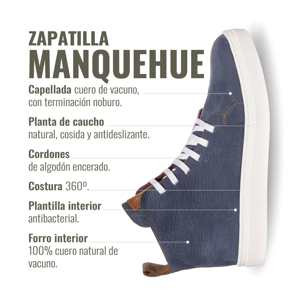 Zapatilla OLKI Manquehue petroleo de cuero con cordones blancos y planta de caucho blanca. Diseño urbano.