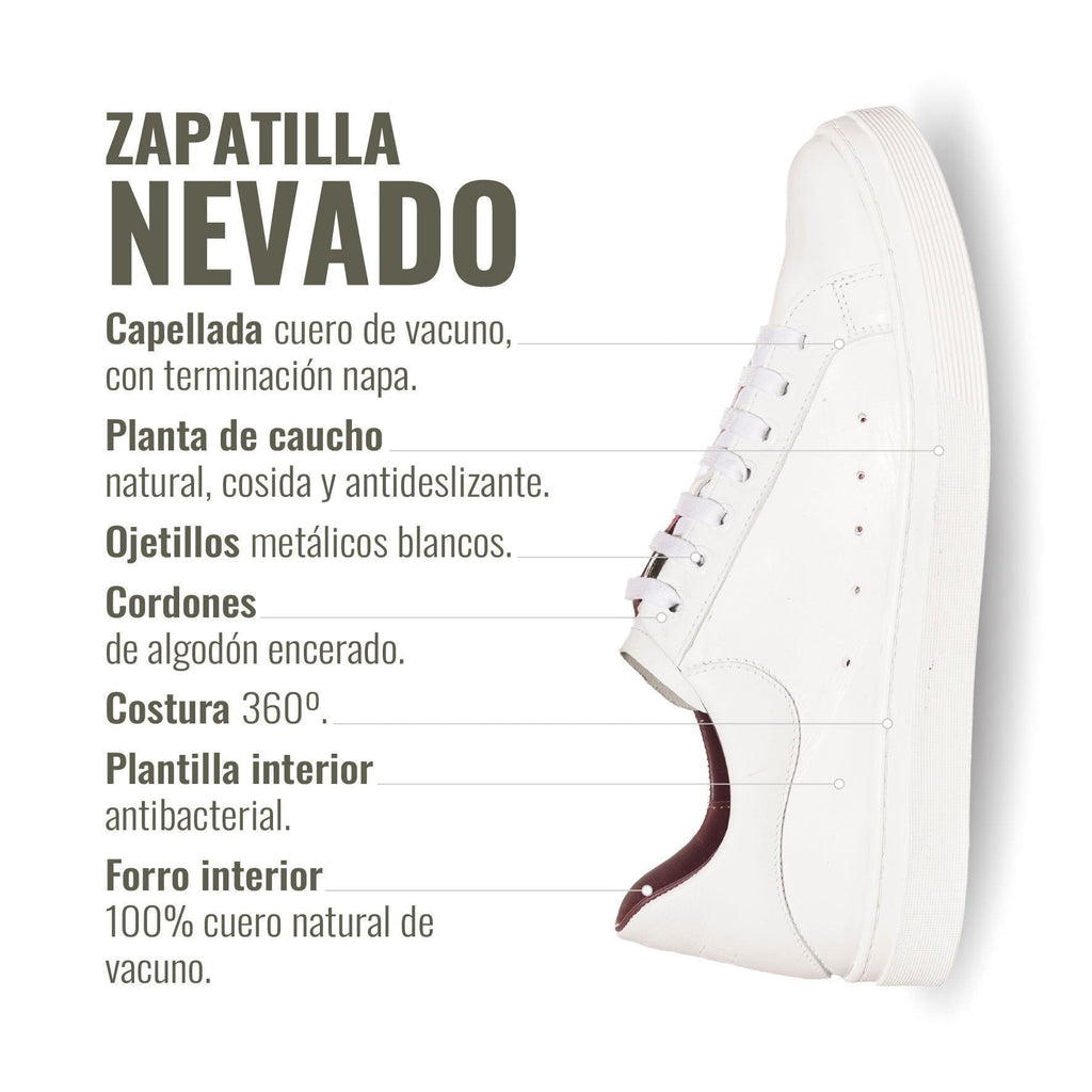 Zapatilla blanca de cuero de vacuno OLKI Nevado con cordones de algodón encerado y planta de caucho antideslizante. Diseño urbano.