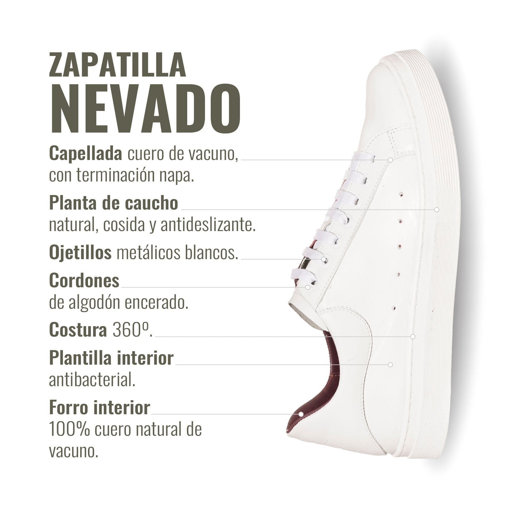 Zapatilla blanca de cuero de vacuno OLKI Nevado con cordones de algodón encerado y planta de caucho antideslizante. Diseño urbano.