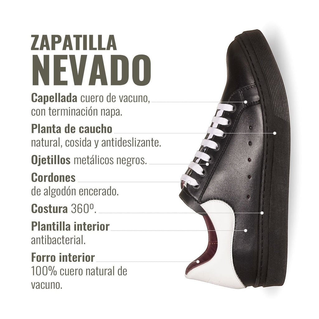 Zapatilla OLKI Nevado negra de cuero con talonera blanca y cordones de algodón encerado. Planta de caucho antideslizante.