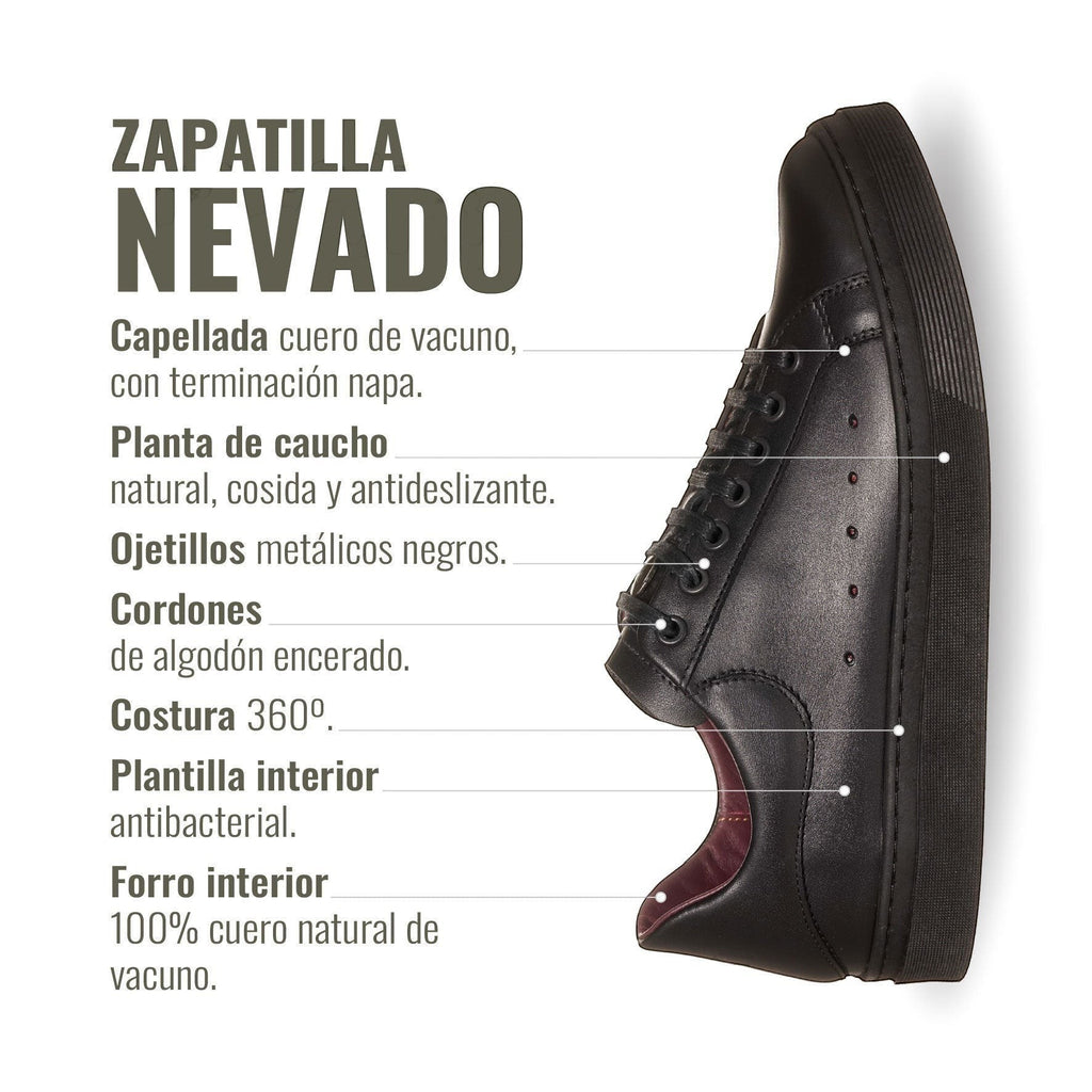 Zapatilla negra de cuero de vacuno Nevado de OLKI con cordones de algodón encerado y planta de caucho antideslizante.