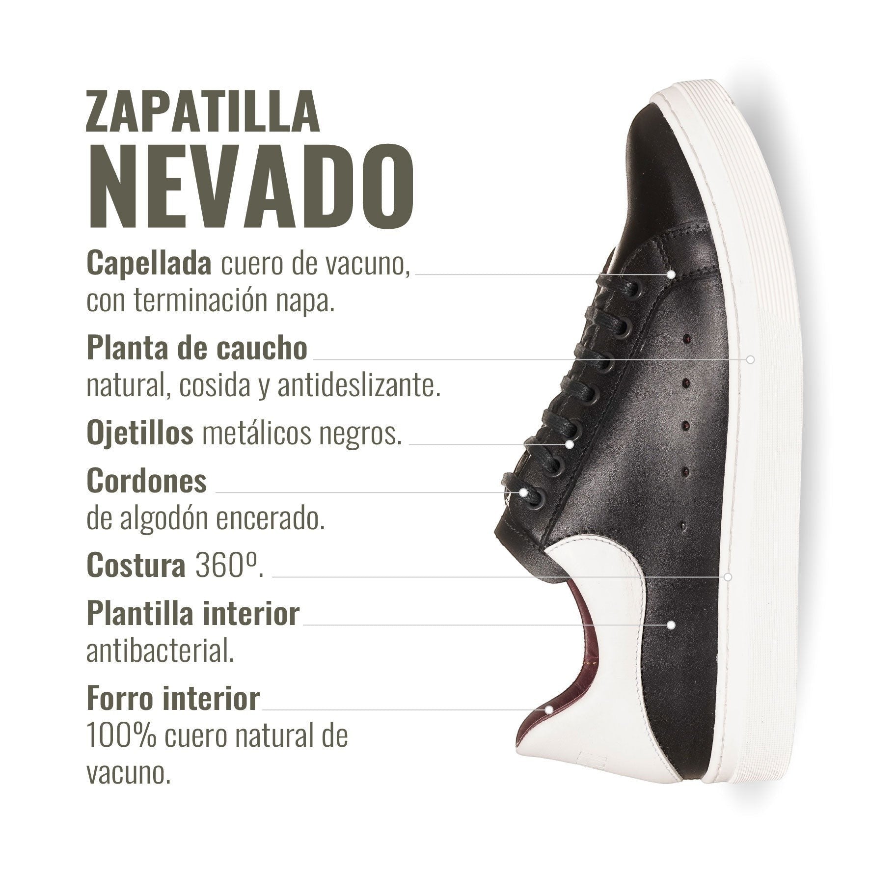 Zapatilla OLKI Nevado negra de cuero de vacuno con talonera blanca y cordones de algodón encerado.