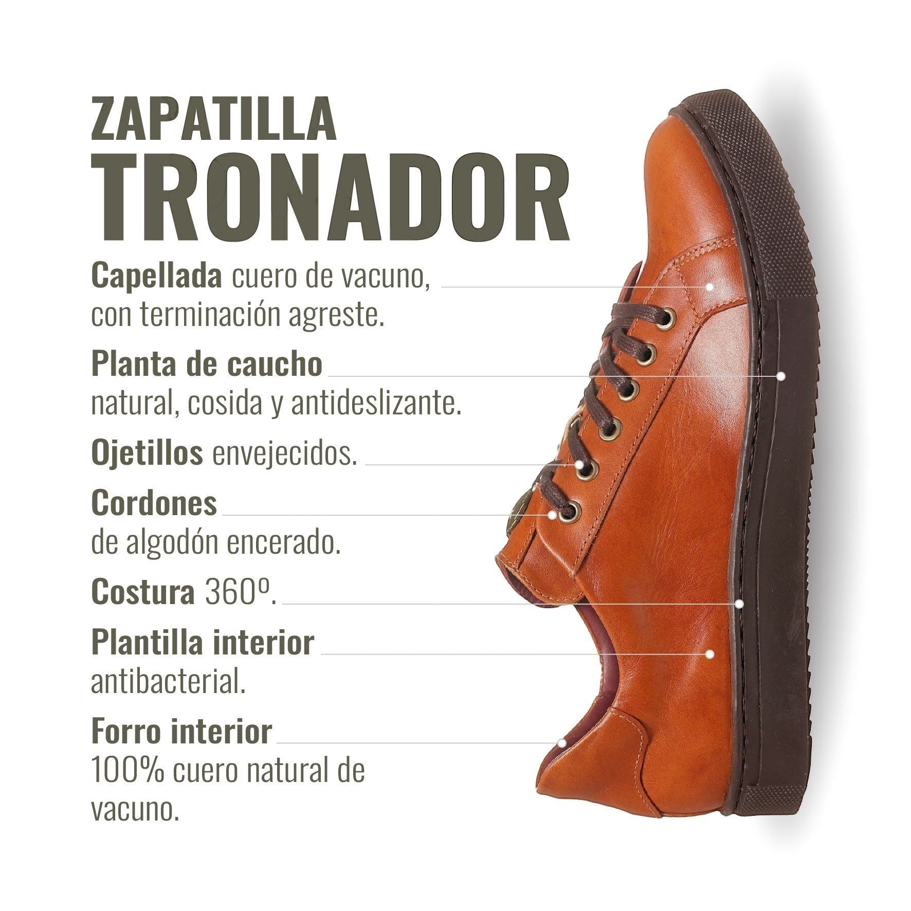 Zapatilla OLKI Tronador de cuero vacuno tostado con cordones de algodón encerado y suela de caucho antideslizante.