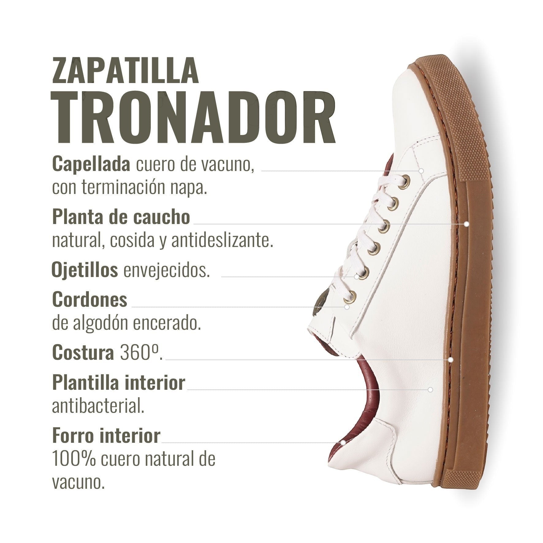 Zapatilla Tronador blanca de cuero de vacuno con forro de cuero guinda y planta de caucho antideslizante. Marca OLKI.