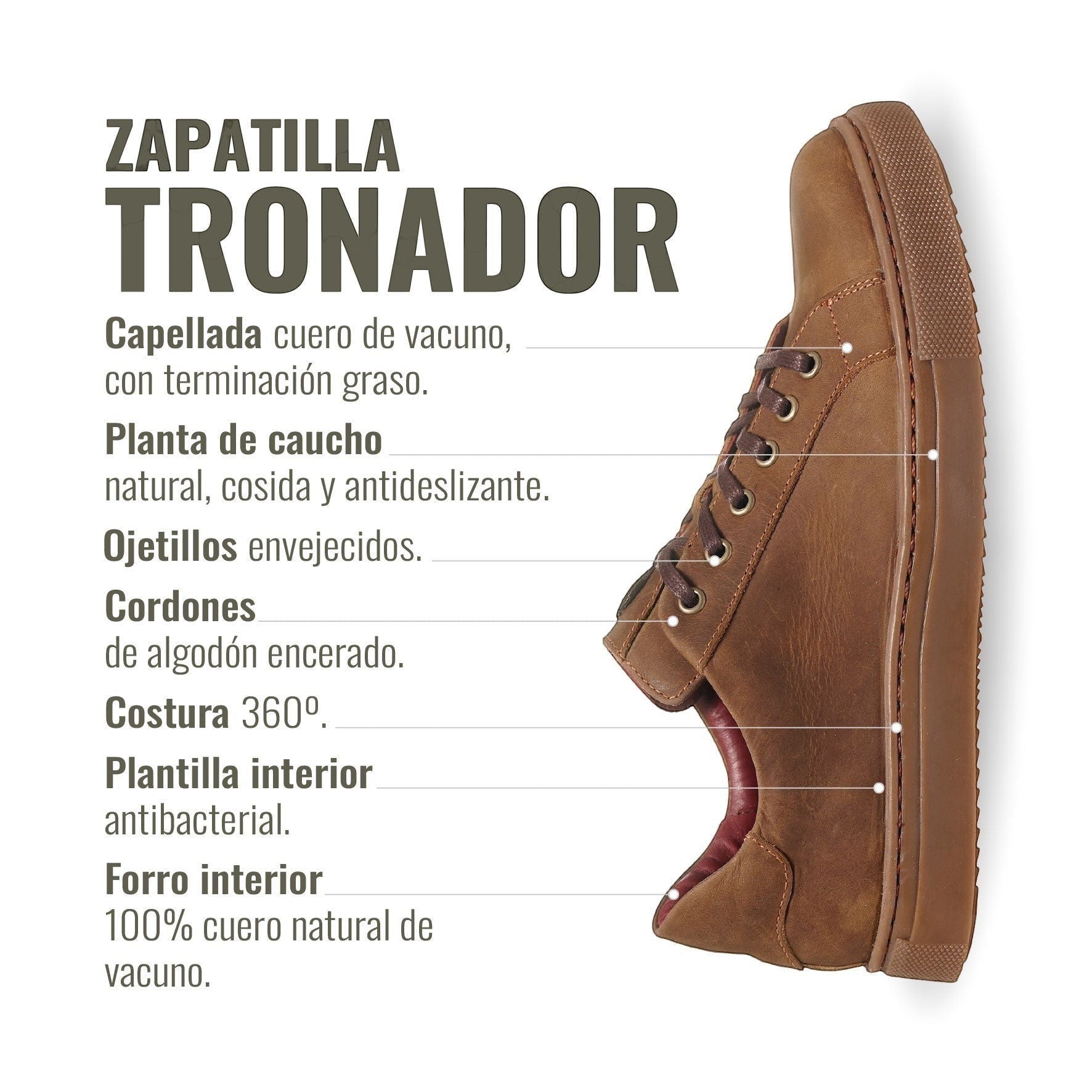 Zapatilla OLKI Tronador camel de cuero vacuno con cordones de algodón encerado y planta de caucho antideslizante.