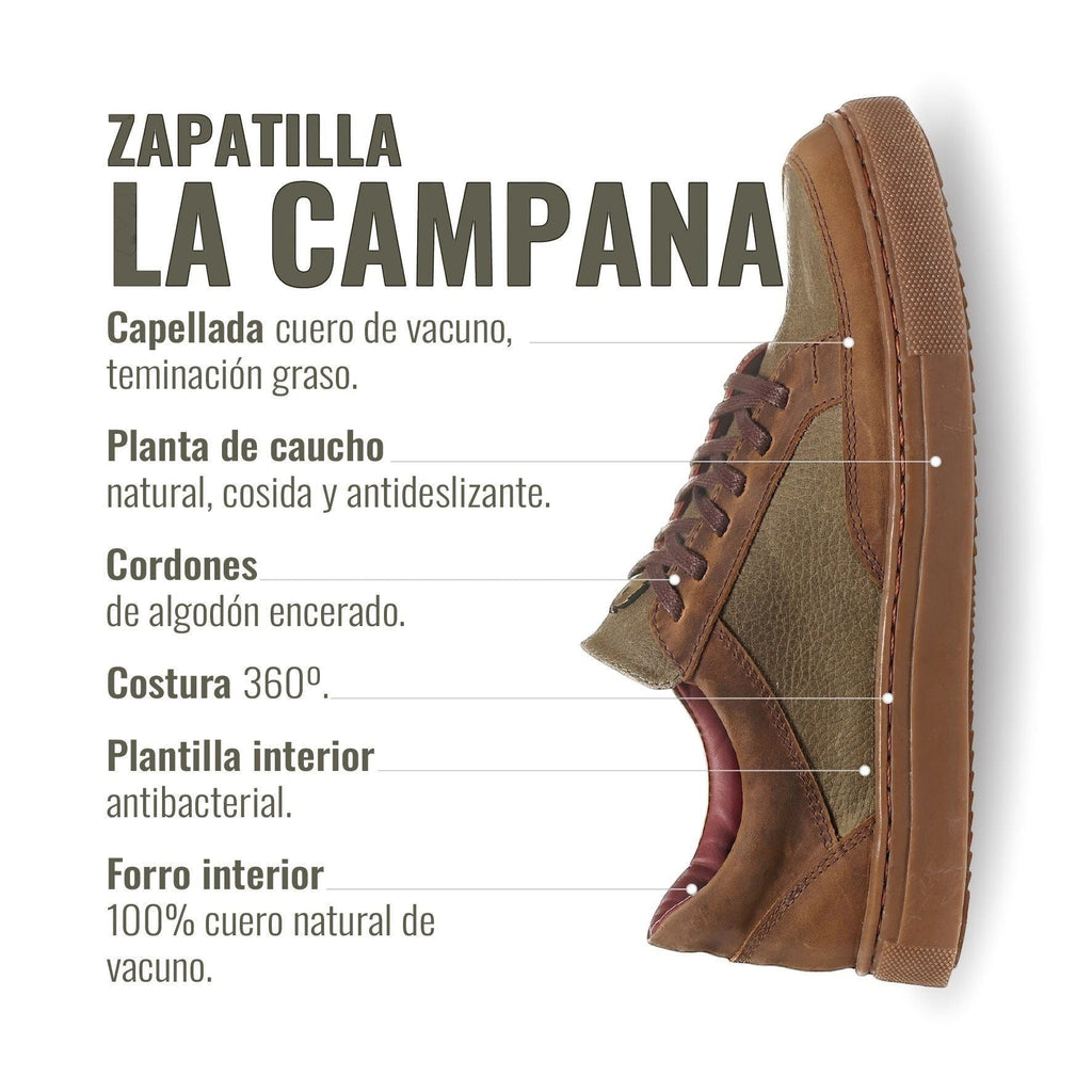 Zapatilla OLKI La Campana de cuero camel y verde con cordones de algodón encerado y planta de caucho.