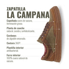 Zapatilla OLKI La Campana de cuero camel y verde con cordones de algodón encerado y planta de caucho.