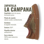 Zapatilla OLKI La Campana de cuero camel y verde con cordones de algodón encerado y planta de caucho.